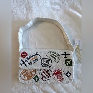 Made In India White Beaded Travel Stamp Shoulder Bag